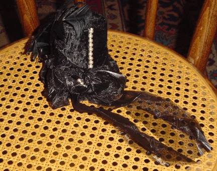 Back: Black Mina Gothic Mini Top Hat, Black Velvet w/Pearls